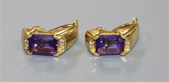 A pair of 18ct yellow gold, amethyst and diamond earrings, gross 9.4 grams.